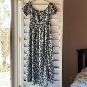 ModCloth Daisy Floral Gingham Smocked Midi Off the Shoulder Vintage 90s Dress